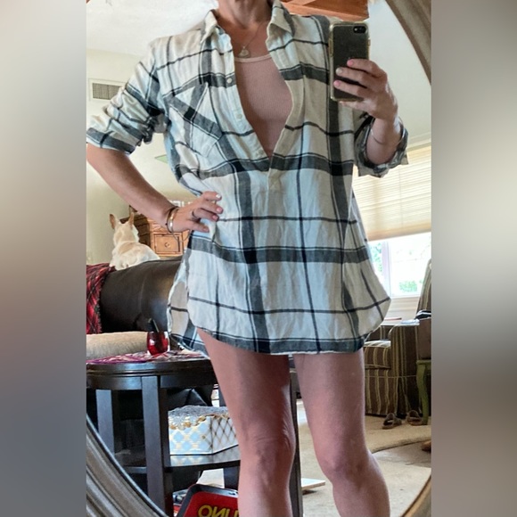 Merona Flannel Plaid White, Black and Gold Tunic Top XL - Picture 6 of 11